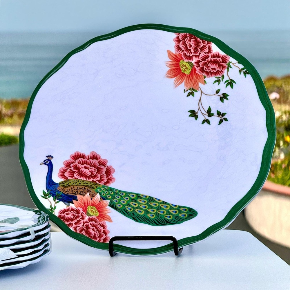 Peacock Floral Tahari Home Melamine Dinner Plate Set 7pc 11" Green Scalloped New